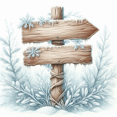 A wooden road sign with two snow arrows on a frost pillar, surrounded by frost and winter branches. Ideal for the dark and winter drains.