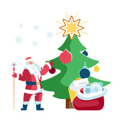 Happy New Year 2026. New Year and Christmas gifts. Santa Claus collects a holiday bag, greeting cards and Christmas tree toys. Green fir tree, holiday. Snowflakes, calendar. Vector illustrations