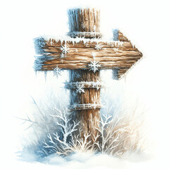 A wooden road sign with two snow arrows on a frost pillar, surrounded by frost and winter branches. Ideal for the dark and winter drains.