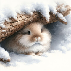 A cute fluffy rabbit with brown and cream fur is snuggled up under a log covered with snow. His big eyes and small ears.