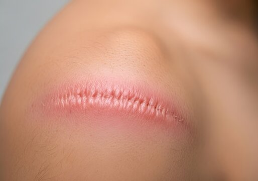 A raised, red, firm hypertrophic scar on a shoulder, confined to the site of an old injury. The scar has a rough, fibrous texture and is elevated.

