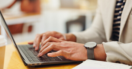 Research, laptop and hands of business person in office for typing, online report and email...