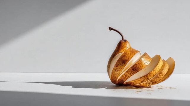A pear peeled into a spiral ribbon, with the skin curling around the stem on a white surface.