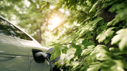 Close-up of an electric car charging surrounded by green leaves. Concept of eco-friendly transport and sustainable future.