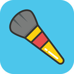 Flat Design Icon Of A Makeup Brush With Grey Bristles Yellow Handle And Red Accent On A Simple Blue Square Background