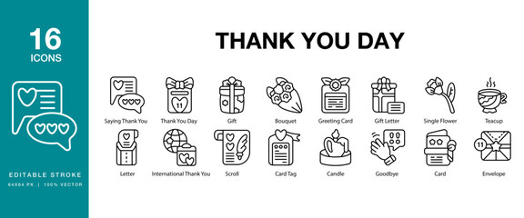Thank You Day icon set. Includes thankyou, gratitude, appreciation, thankful, thanks and More. Editable Stroke Icon Collection.