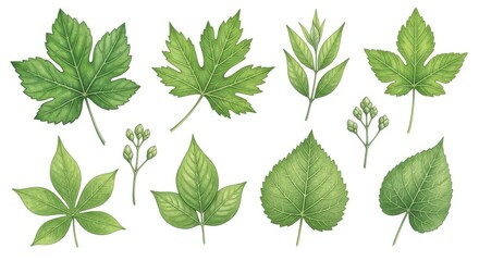 Collection of various green leaf illustrations in watercolor