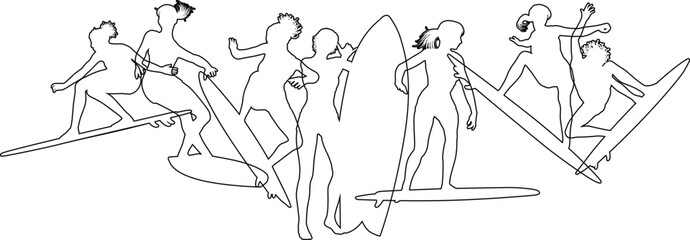 Surfer surfboard boarding female surfers surfing silhouette outlines. Women surf group design concept.
