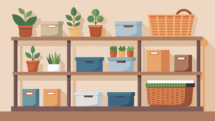 A shelf with many potted plants and boxes. The plants are in various sizes and colors, and the boxes are of different shapes and sizes. The shelf is filled with greenery and boxes