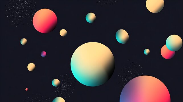 Abstract colorful spheres floating in dark space with small glittering particles