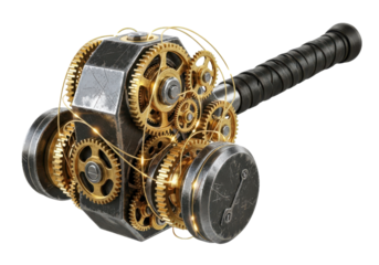 Intricate steampunk hammer design with complex clockwork gears and golden wiring, perfect for industrial or fantasy projects needing a unique mechanical aesthetic.