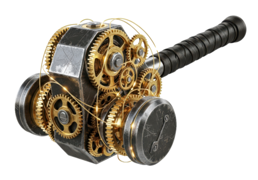 Intricate steampunk hammer design with complex clockwork gears and golden wiring, perfect for industrial or fantasy projects needing a unique mechanical aesthetic.