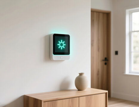 Smart home control panel with a glowing sun icon mounted on a modern wall.
