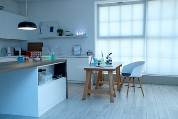 Interior of medical laboratory with glowing lamps