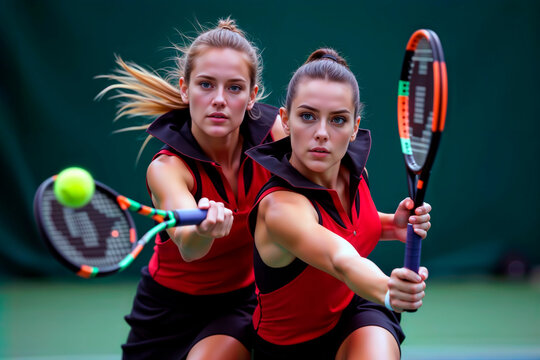 Two female tennis players in red and black competing in a doubles match. - Powered by Adobe