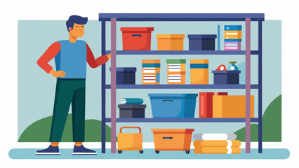 A man is standing in front of a shelf full of boxes and bottles. He is looking at the shelf with a puzzled expression