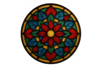 Colorful stained glass floral rose window creating a symmetrical pattern, translucent art and decorative medieval design on transparent background