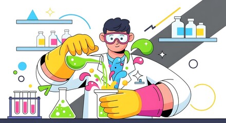 Vibrant scientist confidently conducts colorful experiments in a modern lab, showcasing innovation and discovery with bubbling beakers and advanced equipment