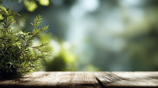 Rustic wooden plank surface with vibrant foliage backdrop in soft focus