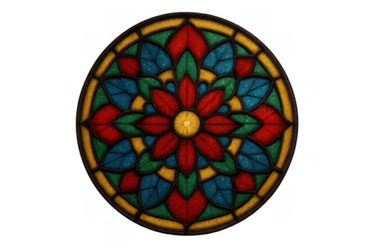 Colorful stained glass floral rose window creating a symmetrical pattern, translucent art and decorative medieval design on transparent background
