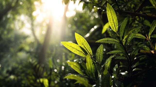 Radiant sunlight filtering through green foliage in a tropical rainforest