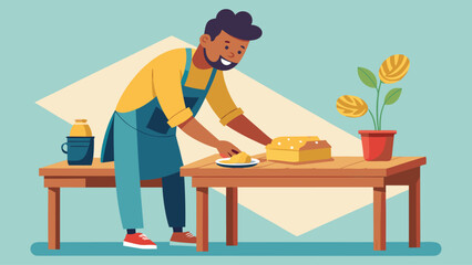 A man is cutting a cake on a wooden table. He is wearing an apron and has a smile on his face. The cake is placed on a plate and is ready to be served. Concept of warmth and happiness