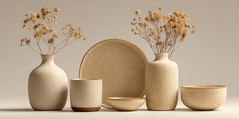 Beige ceramic tableware and dried flowers on a muted background