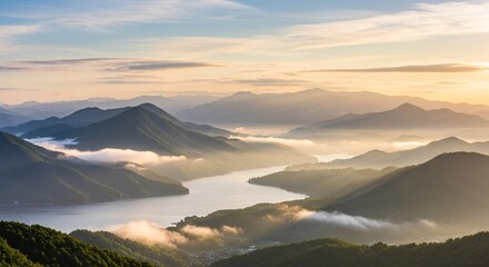 Majestic Mountain Range at Dawn A Scenic Landscape of Rolling Hills Foggy Valleys and a Serene River Capture the Beauty of Nature in this Idyllic Vista Stock Photo