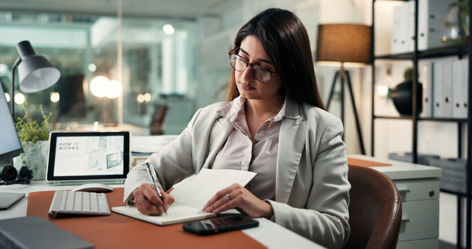 Notebook, writing and businesswoman in office with research for finance agenda or reminder. Plan, schedule and female financial advisor with diary for calendar with corporate targets in workplace.