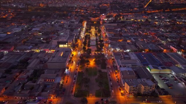 Aerial view of the town of Ovalle at night with street lights, northern Chile, Limar&iacute; Valley