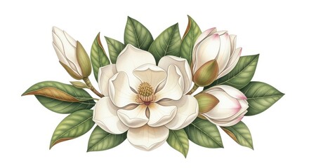 Beautiful watercolor painting of white magnolia flowers and green leaves