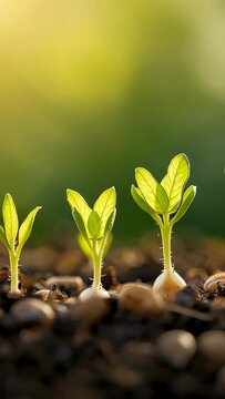 Vertical video: Responding to sunlight, three seedlings emerging from garden bed, seeking light
