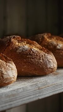 Vertical video: Camera starting panning over three loaves on rustic bakery shelf, revealing crust
