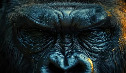 Intense close-up portrait of a mature male gorilla with a fierce gaze, highlighting strength and powerful emotions in natural wildlife setting - Powered by Adobe