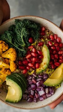 Vertical video: Showing hands lowering speckled bowl on counter, rotating plant based salad display