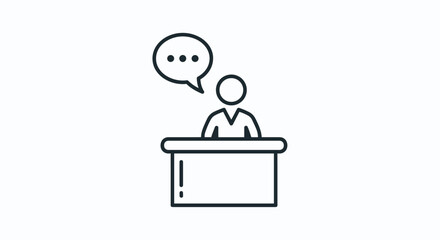 Engaging presenter shares ideas from behind a podium with speech bubble conveying communication and knowledge transfer for presentations and meetings, Generative AI.