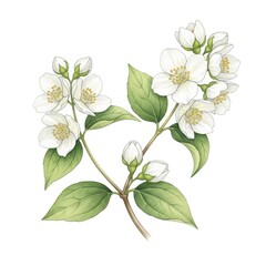 Delicate watercolor painting of white jasmine blossoms and green leaves