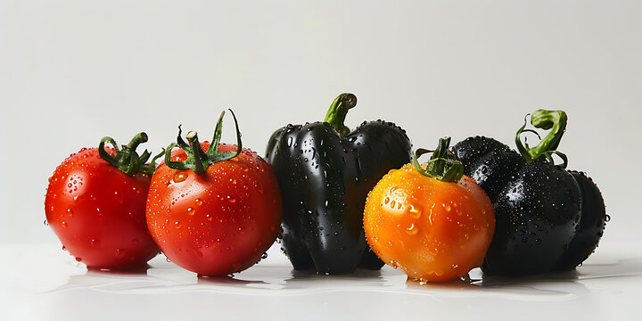 Fresh, glistening tomatoes and dark bell peppers arranged on a clean surface