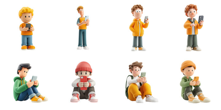 Plasticine human and smartphone die cut no bg png during chitchat and playing game.
