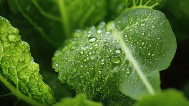 Close-up of fresh green kale leaves with water droplets clinging to their surface.