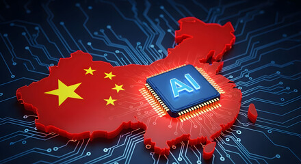 Red China Map with Glowing AI Chip on a Digital Circuit Board, Representing Artificial Intelligence in China.