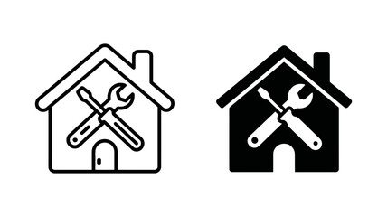 Home repair service icon featuring a house with a screwdriver and wrench, symbolizing maintenance and renovation