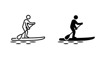Paddleboarding icon set, depicting a person stand up paddleboarding for water sport and recreational activity concepts