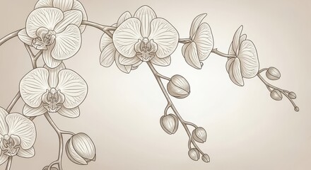 Delicate orchid blossom sketch on sepia background