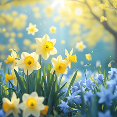 Obraz premium Spring Daffodils Blooming in Soft Sunlight and Blue Flowers narcissus yellow