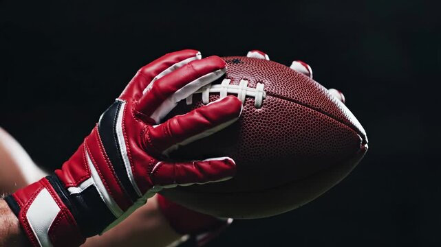 Football player grips ball with red protective glove. Athletic equipment game action, competition spirit. Leather texture, laces detail emphasize sport performance, training preparation for match,