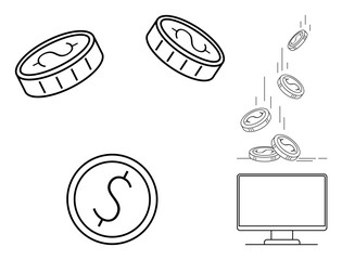 Coins with currency sign falling into a computer screen, symbolizing digital payment, online transactions, and finance growth. Ideal for e-commerce, fintech, investment, banking, cash earning