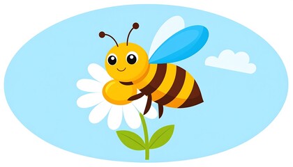 A cartoon bee, with big eyes, hovers near a large daisy against a light-blue oval background, with a small cloud