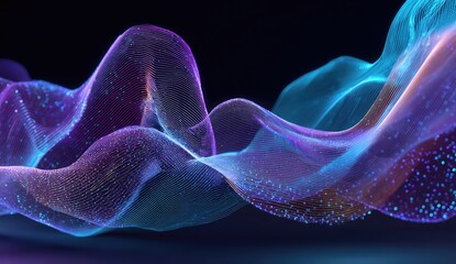 Abstract digital fabric, vibrant flowing lines of translucent,  purple-blue  and cyan colors with specks of light on a dark background