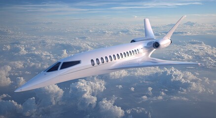 Obraz premium Sleek white jet above fluffy clouds